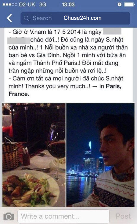 Một thanh niên chụp hình tự sướng ở Việt Nam nhưng lại viết một status mùi mẫn và check-in đang ở Paris, Pháp.