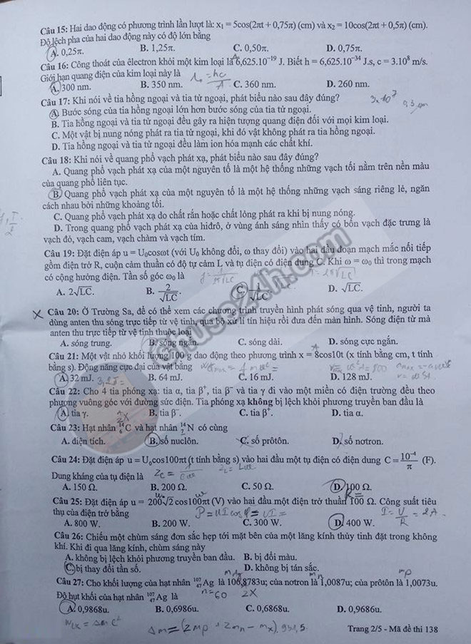 Đề thi môn Vật lý tốt nghiệp THPT Quốc gia năm 2015 - 第2张