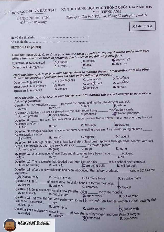Đề thi và gợi ý lời giải môn tiếng Anh THPT 2015 - 第1张