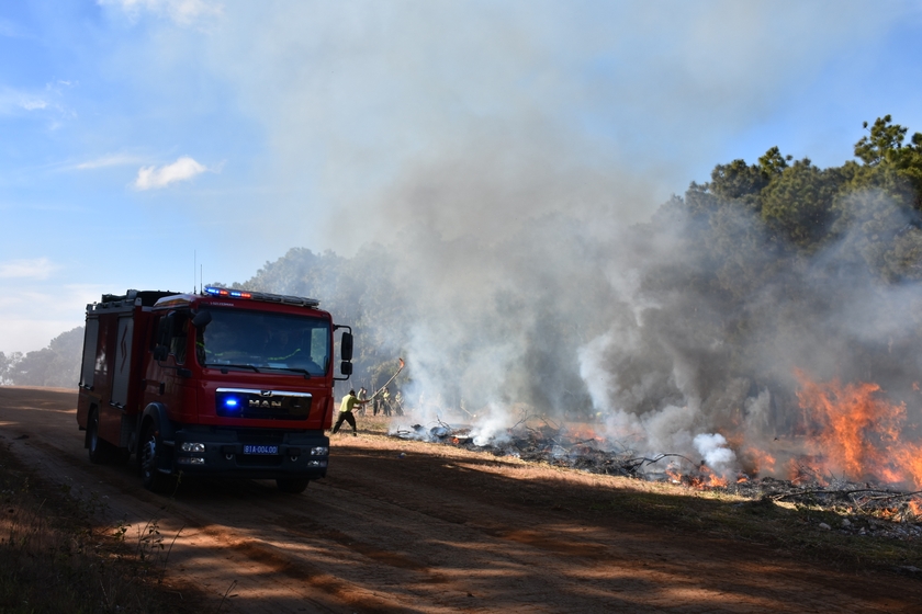 Các lực lượng chức năng của tỉnh diễn tập phòng cháy chữa cháy rừng. Ảnh: Lê Nam